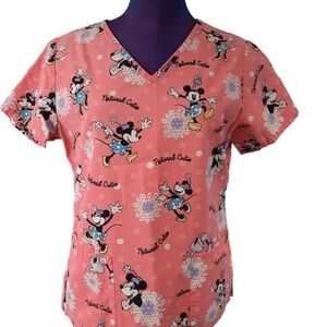 Disney Minnie Mouse "Natural Cutie" Polka Dot Pink Scrub‎ Top Size XS Women's